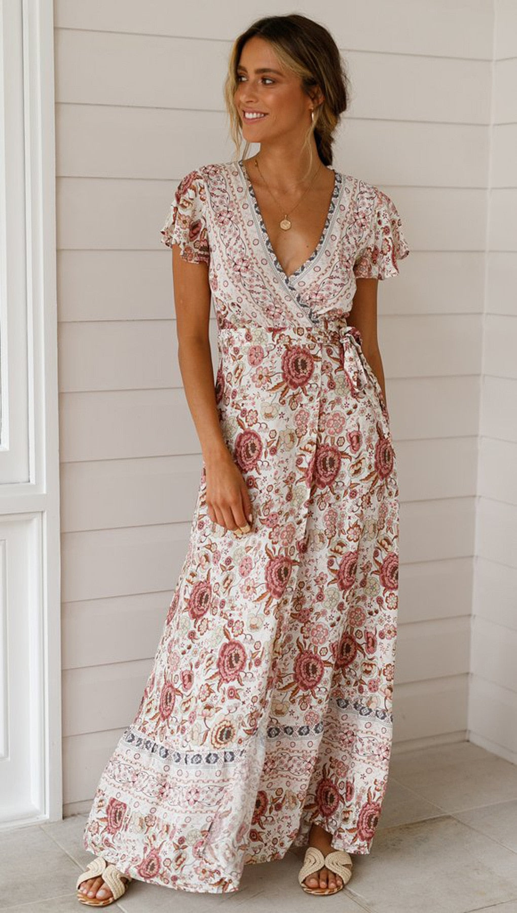 Vintage Floral Print Boho Short Sleeve Split Maxi Dresses