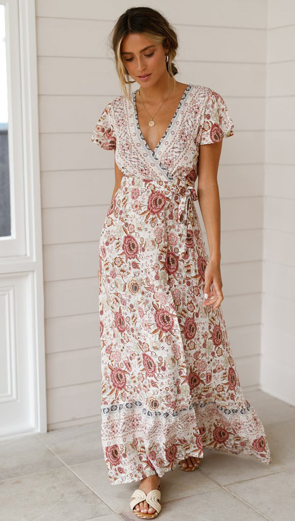 Vintage Floral Print Boho Short Sleeve Split Maxi Dresses