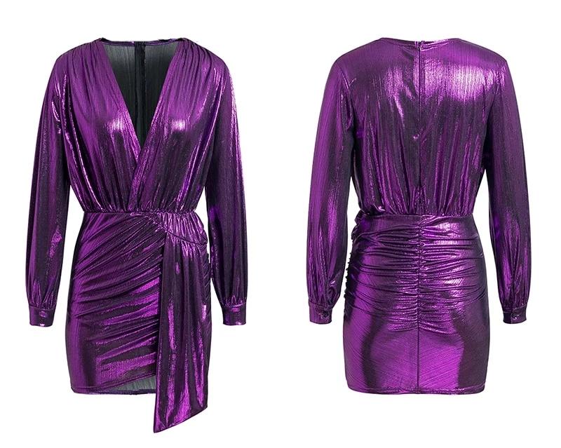 Metallic Satin Long Sleeve deep V Mini Dresses