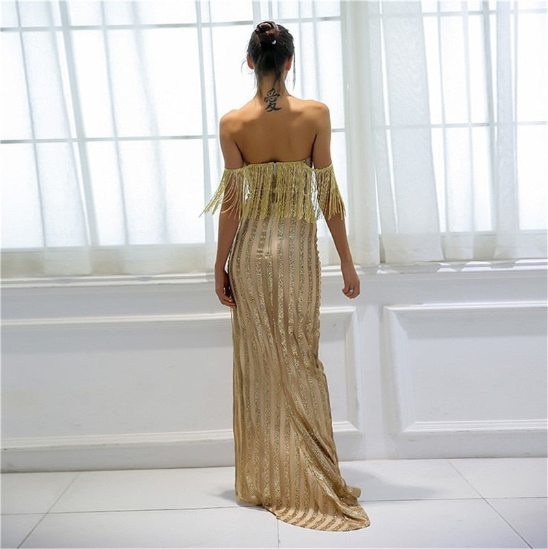 Sequin Off Shoulder Gold Tassel High Split Maxi Dresses