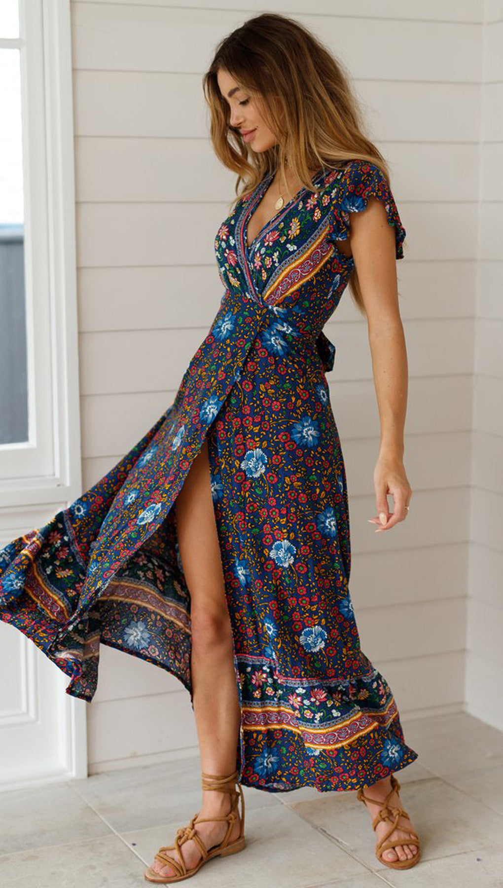 Vintage Floral Print Boho Short Sleeve Split Maxi Dresses