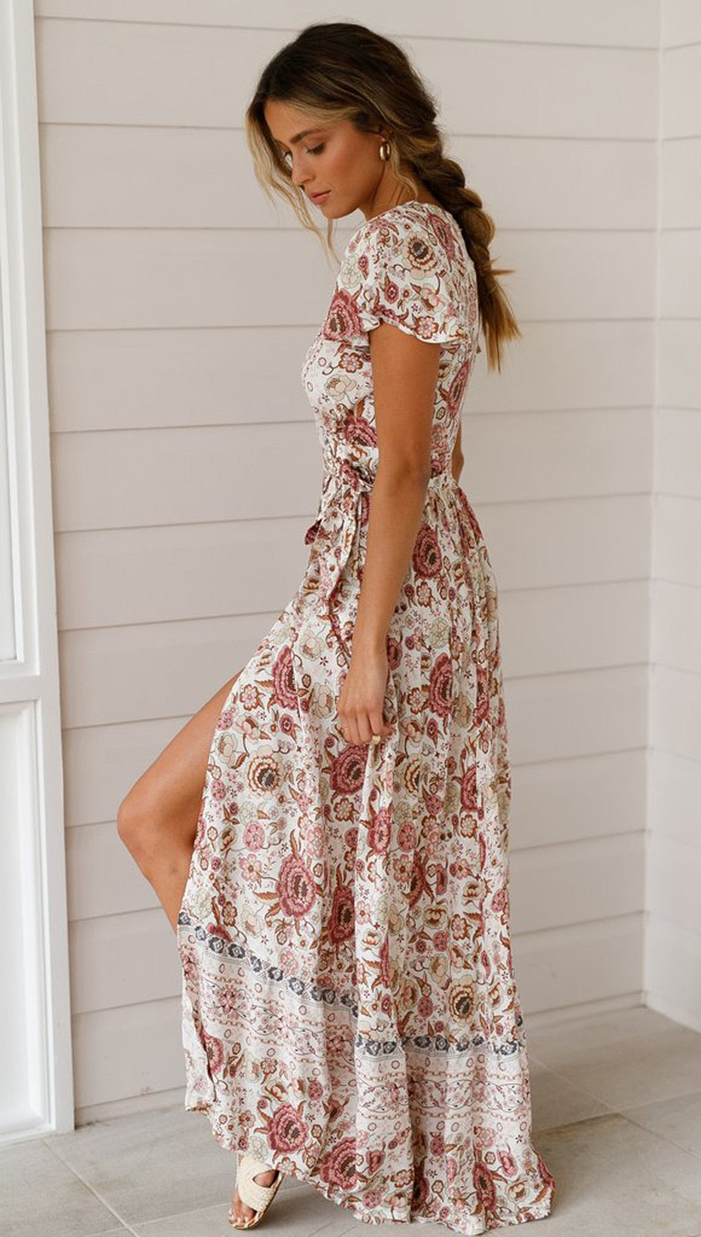 Vintage Floral Print Boho Short Sleeve Split Maxi Dresses