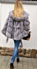 Batwing Sleeve Natural Gray Real Mink Fur Coats With Hood