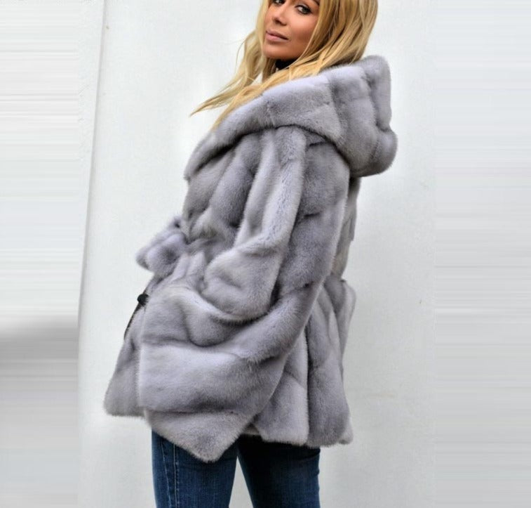 Batwing Sleeve Natural Gray Real Mink Fur Coats With Hood