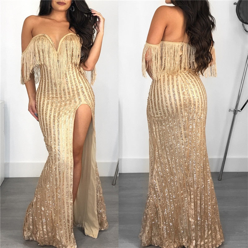 Sequin Off Shoulder Gold Tassel High Split Maxi Dresses