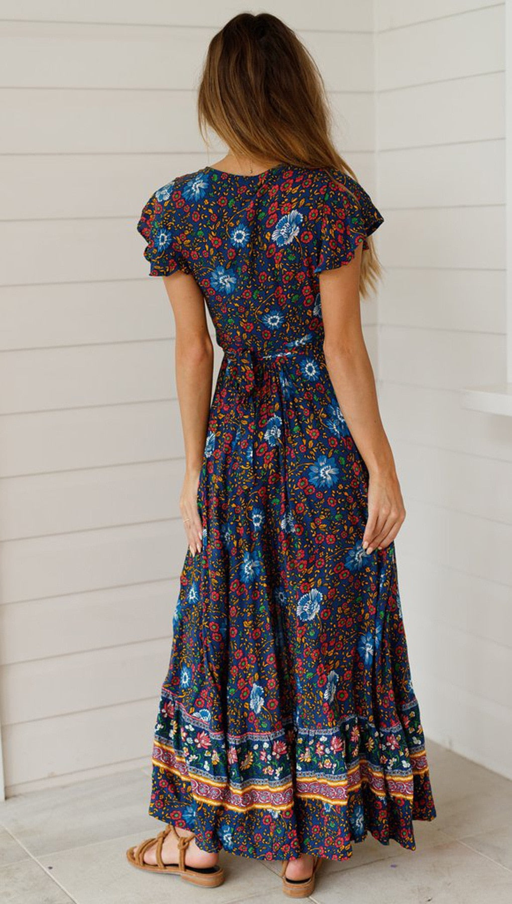 Vintage Floral Print Boho Short Sleeve Split Maxi Dresses