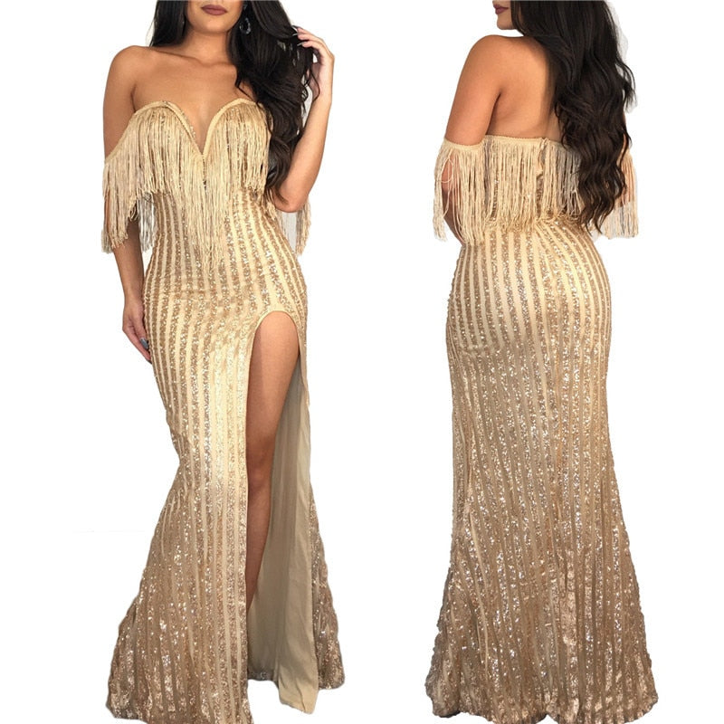 Sequin Off Shoulder Gold Tassel High Split Maxi Dresses