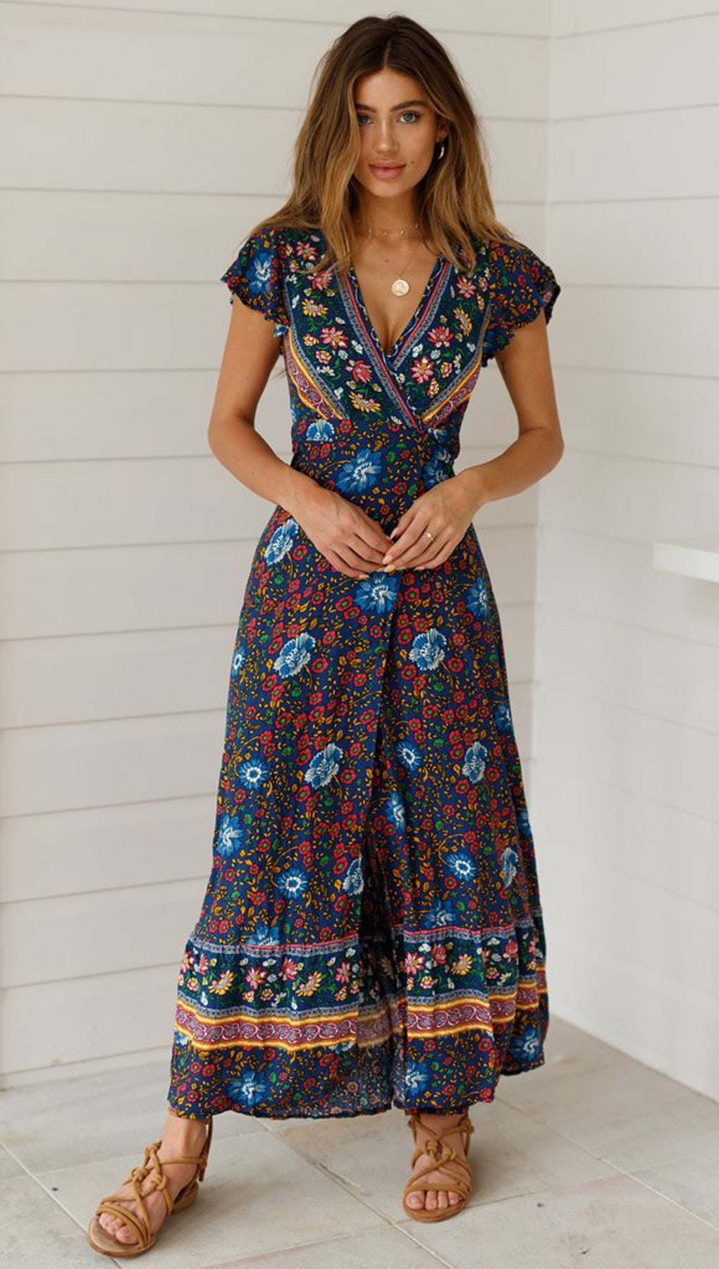 Vintage Floral Print Boho Short Sleeve Split Maxi Dresses