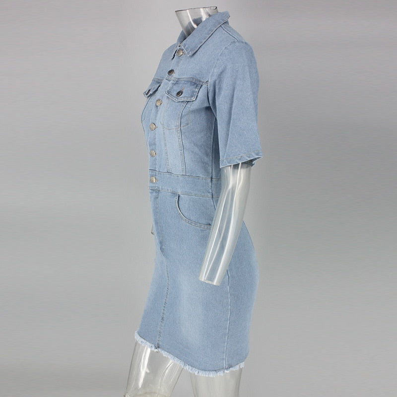 Denim Button Short Sleeve Mini Dresses