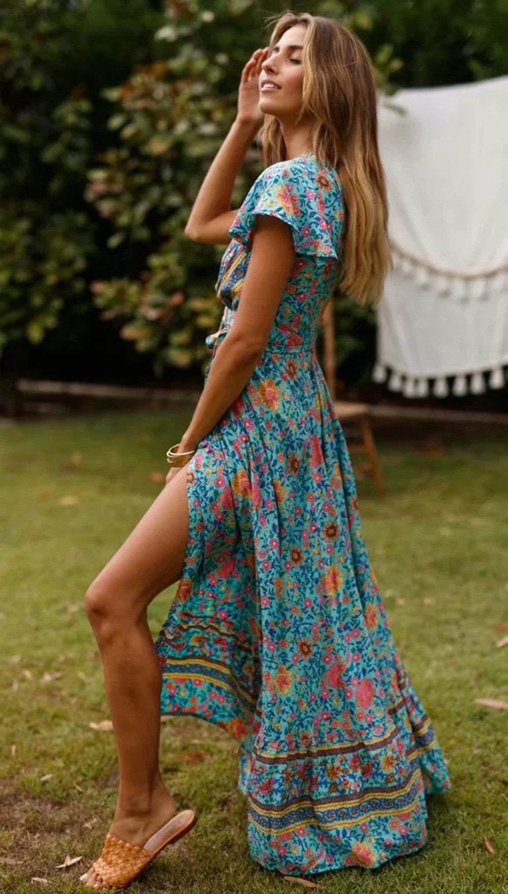 Vintage Floral Print Boho Short Sleeve Split Maxi Dresses