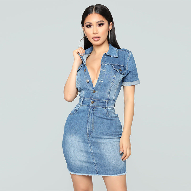 Denim Button Short Sleeve Mini Dresses