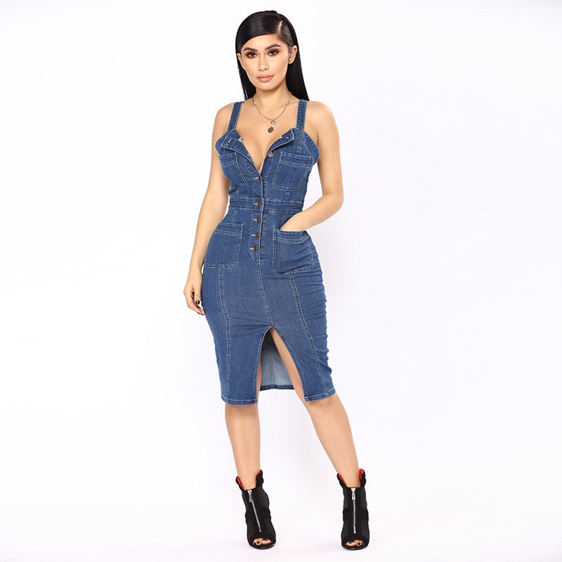 Denim Sleeveless Button Up Midi Dress