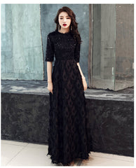 Black Half Sleeves Lace Floor-length Dress