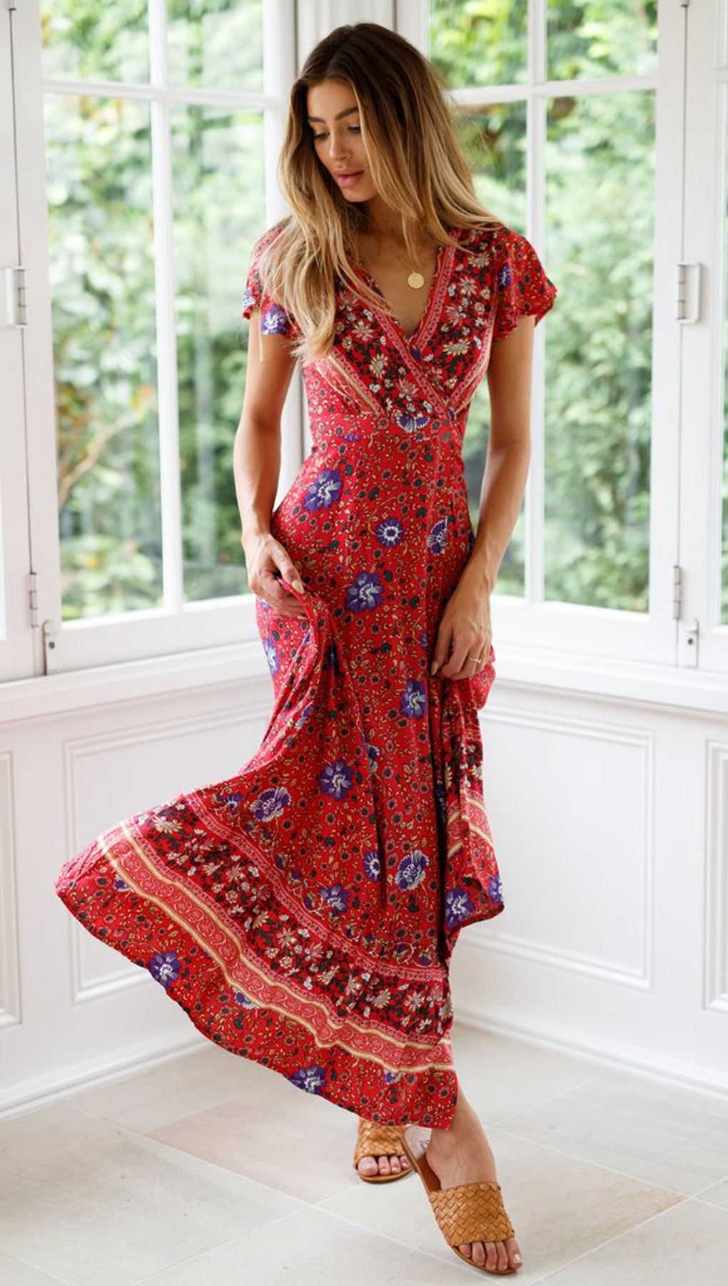 Vintage Floral Print Boho Short Sleeve Split Maxi Dresses