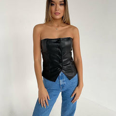 Black Pu Leather Button Up Sleeveless Top