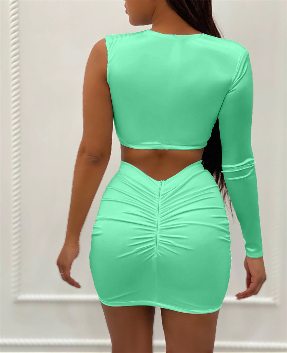 Mesh Hollow One Shoulder Crop & Bandage Mini Skirts