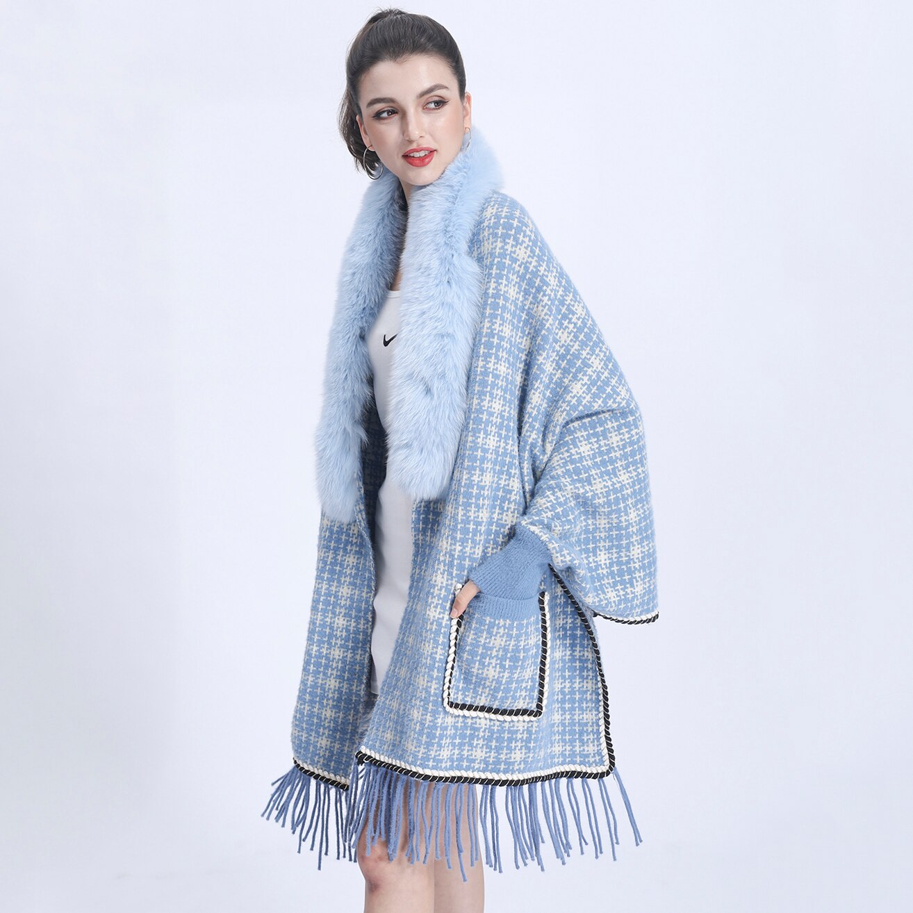 Real Fur Plaid Wool Tassel Ponchos