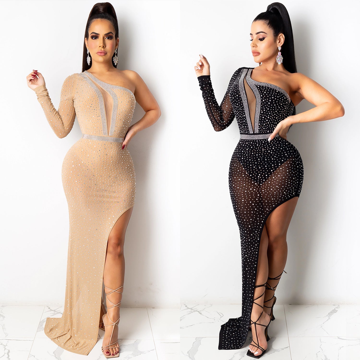 One Shoulder Mesh One Leg High Split Dresses