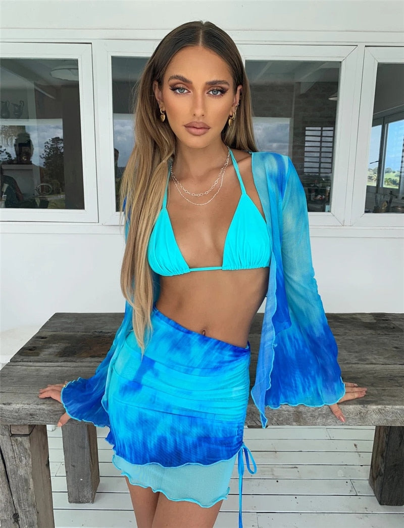 Tie Dye Set Long Sleeve Crop Tops And Mini Skirts