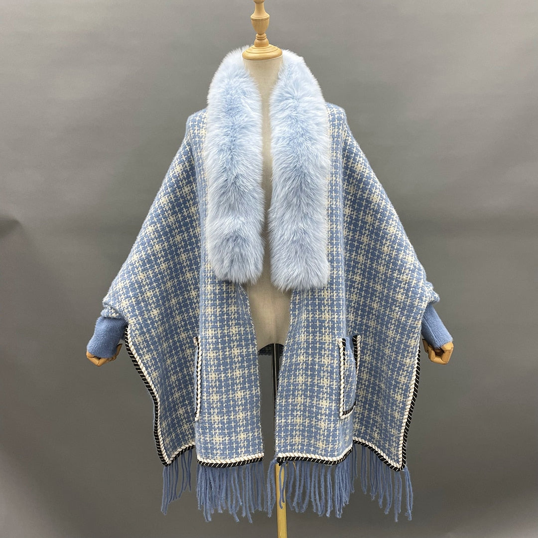 Real Fur Plaid Wool Tassel Ponchos