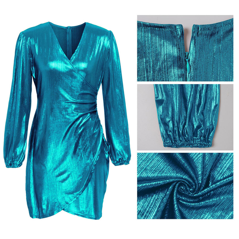 Glitter Metallic V-Neck Wrap Mini Dresses