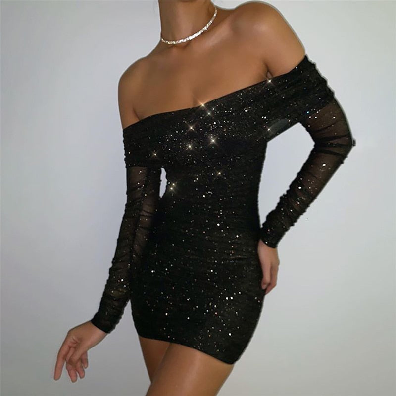 Mesh Off Shoulder Crop Top And Mini Dresses Sets