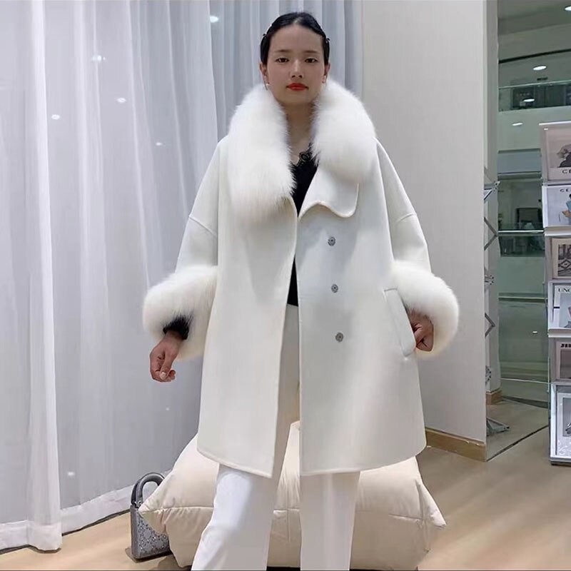 Cashmere Real Fox Fur Collar Loose Wool Coats