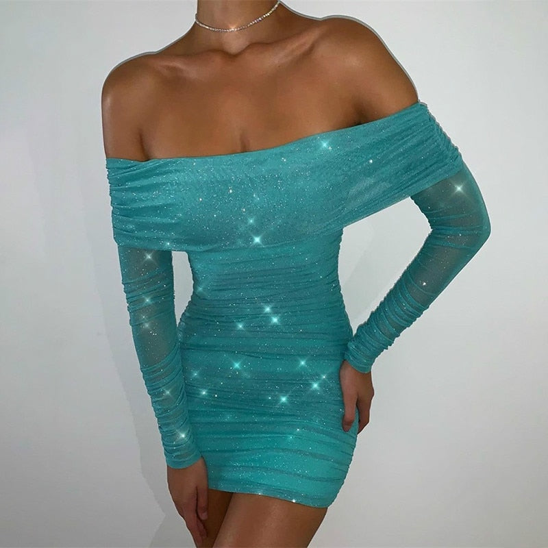 Mesh Off Shoulder Crop Top And Mini Dresses Sets