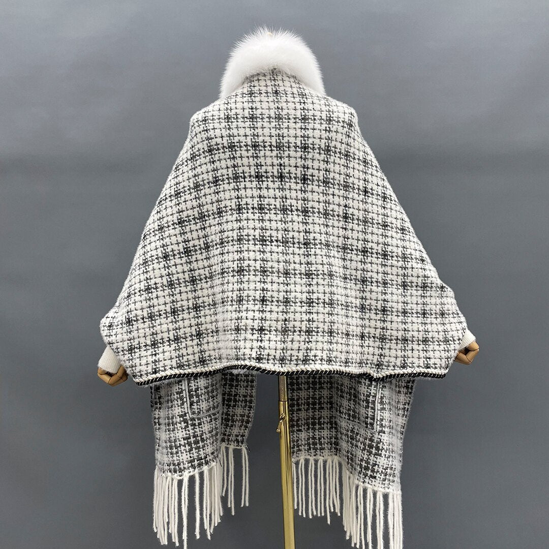 Real Fur Plaid Wool Tassel Ponchos