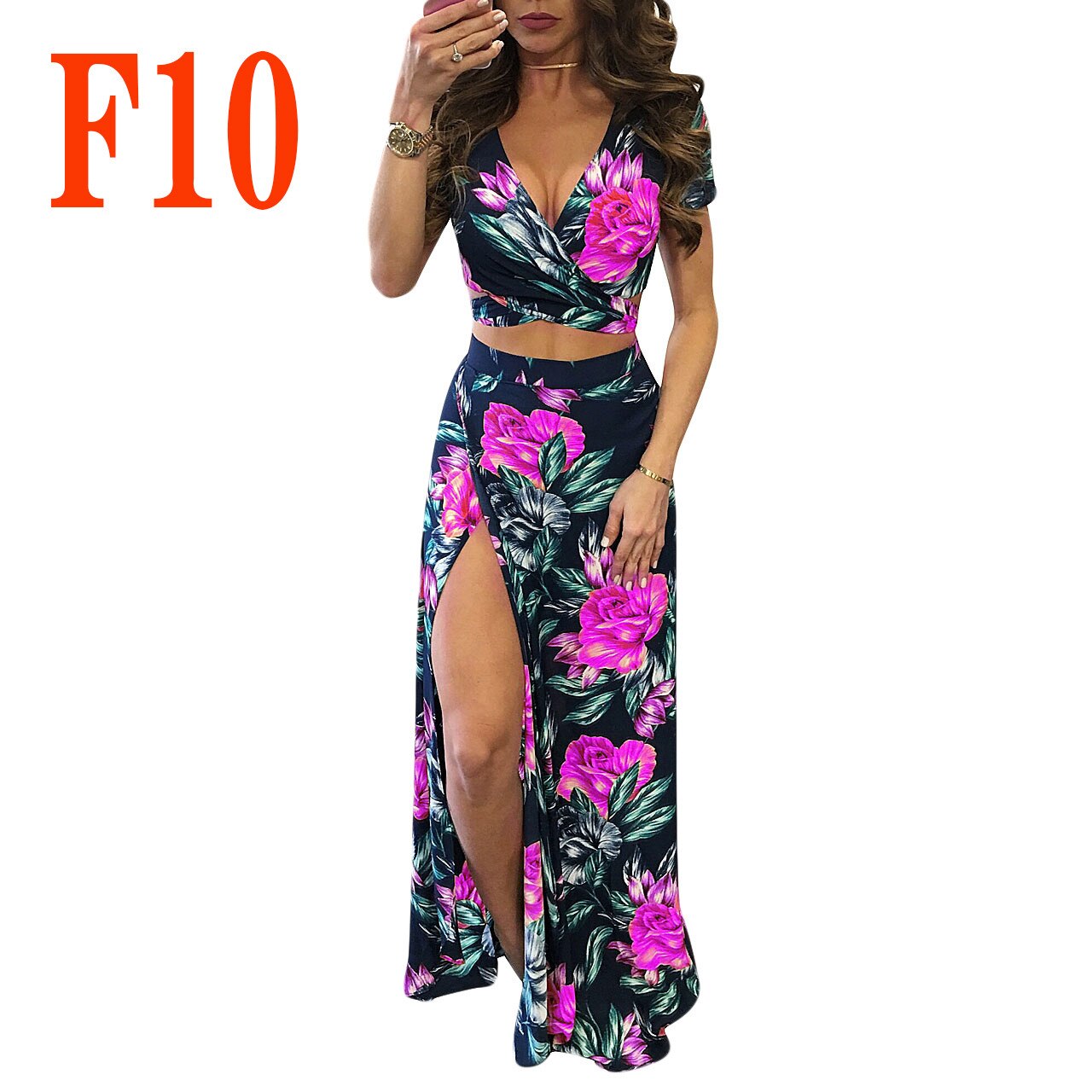 Floral Print Crop Top & Split Long Skirts