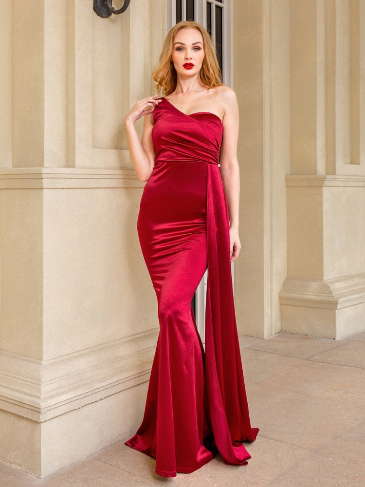 One Shoulder Satin Draped Maxi Dresses