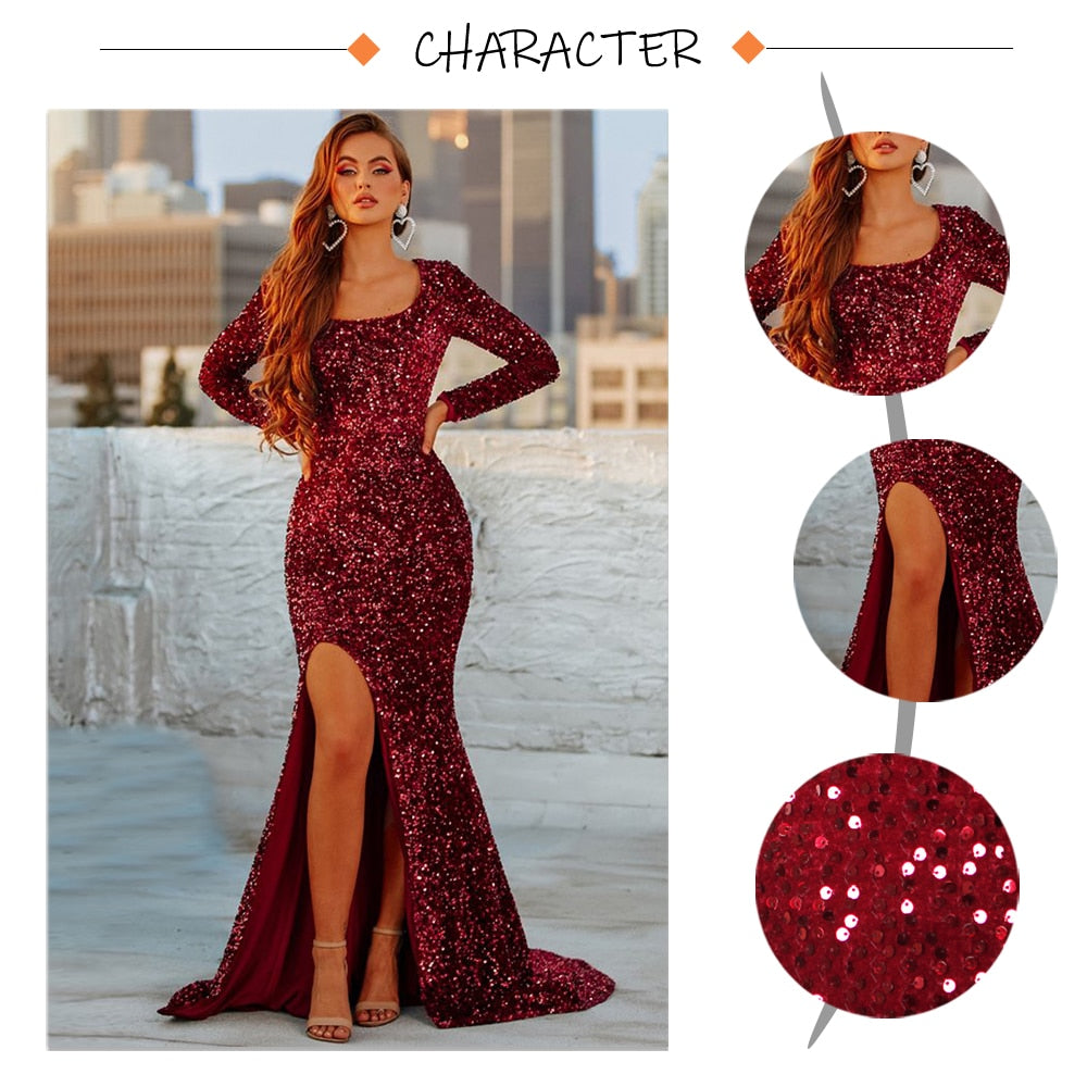 Burgundy Long Sleeve Sequin Floor-Length Dress