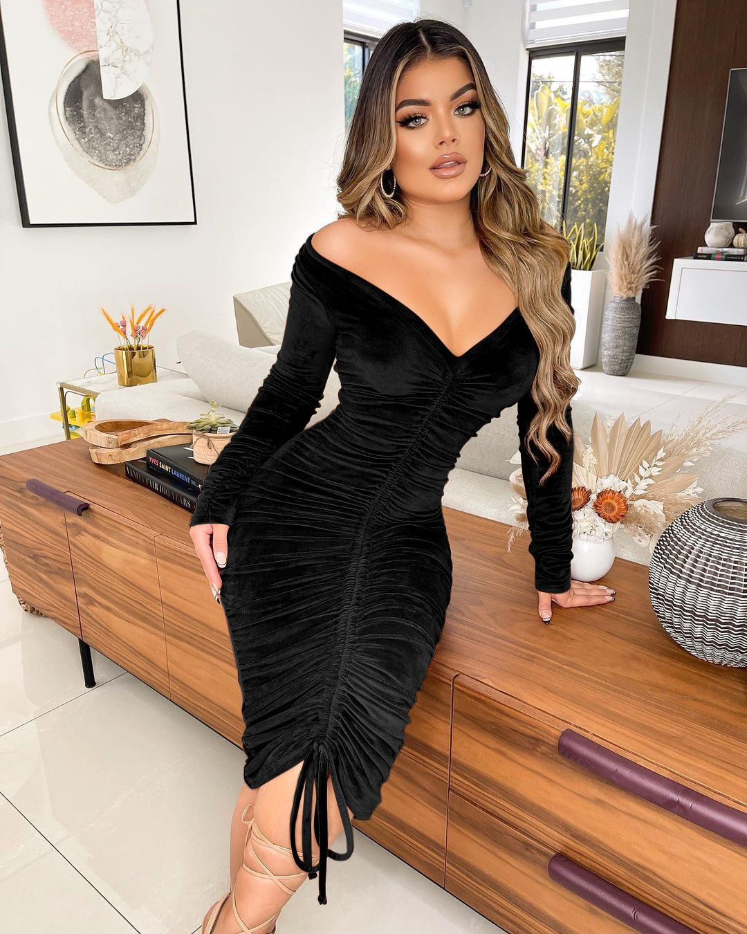 Velvet Drawstring Off Shoulder Midi Dresses