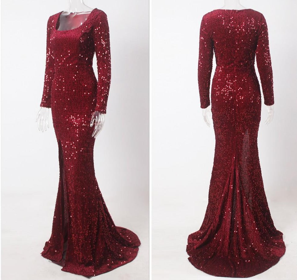 Burgundy Long Sleeve Sequin Floor-Length Dress