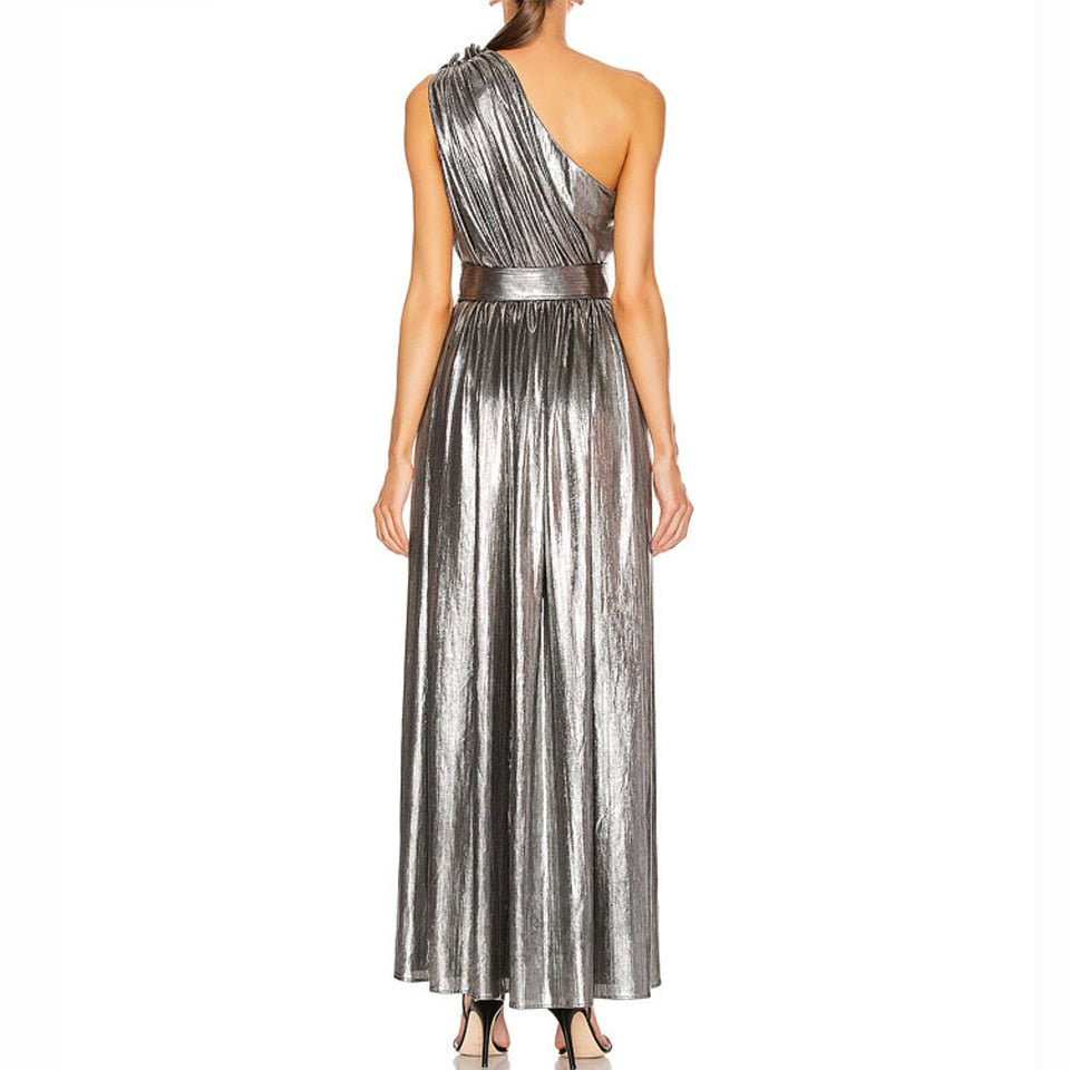 Silver One Shoulder Belted Maxi Dress