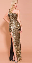 Gold Off Shoulder Backless High Split Sequin Maxi Dress