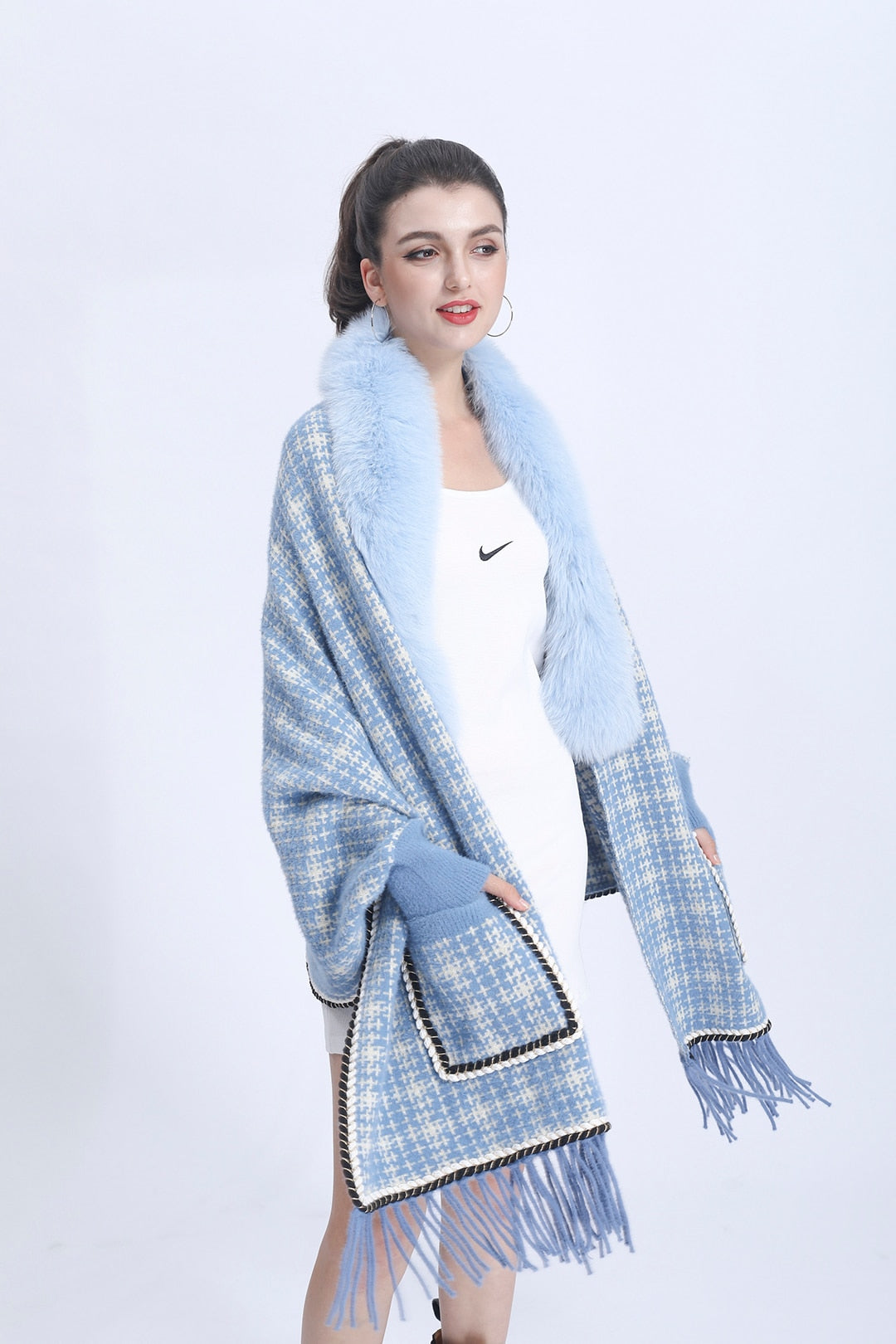 Real Fur Plaid Wool Tassel Ponchos