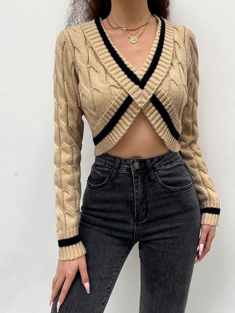 Cabel Knit V-neck Long Sleeve Crop Top