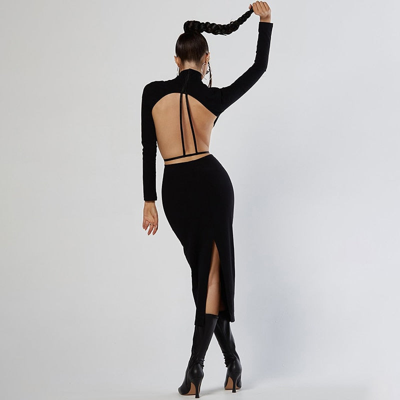 Backless Long Sleeve Maxi Dress