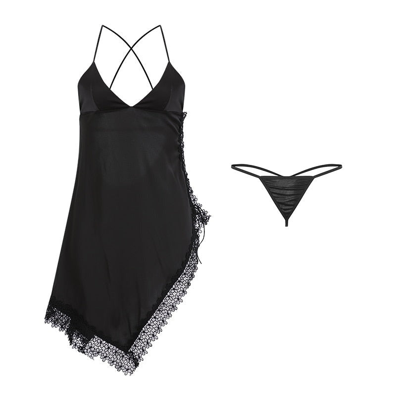 Black Asymmetric Lace Trim Night Slip Dress Sleepwear