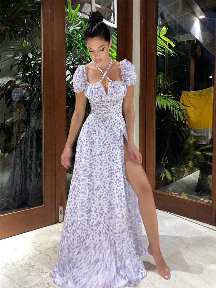 Floral Puff Sleeve Front Tie Midi Slit Dress