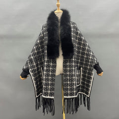 Real Fur Plaid Wool Tassel Ponchos