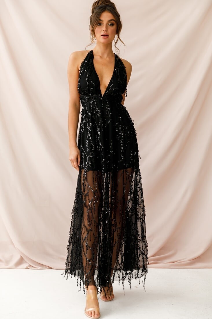 Mesh Tassel Sequins Maxi Dresses