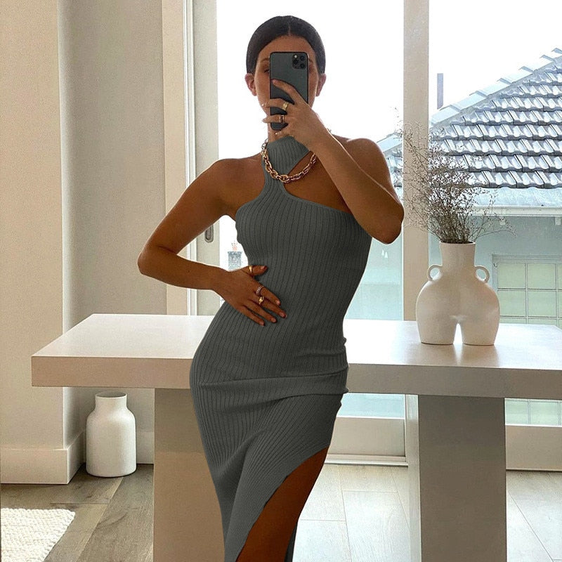 Ribbed One Shoulder High Neck Slit Midi Dress