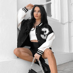 Black Embroidery Baseball Jacket With White Sleeves