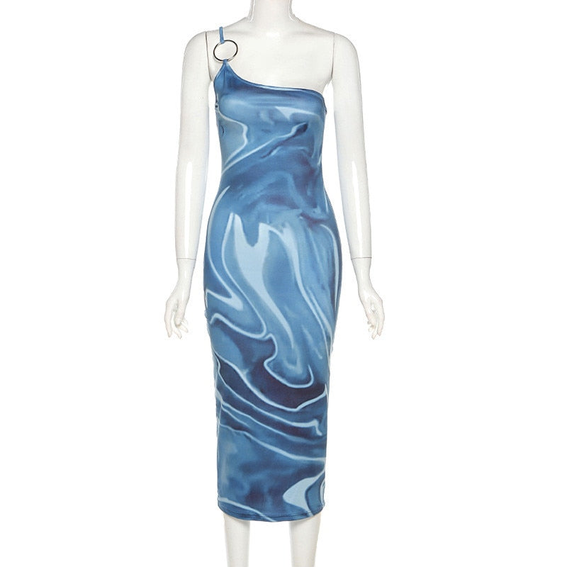 Tie Dye One Shoulder Strap Bodycon Maxi Dresses