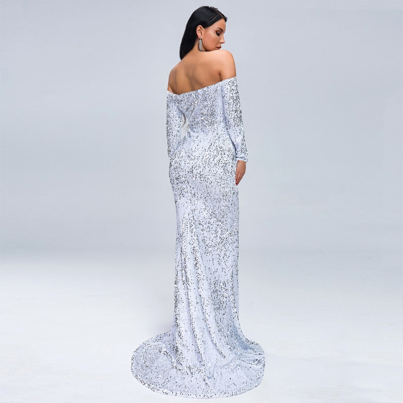 Off Shoulder Sequin Trumpet Maxi Dresses