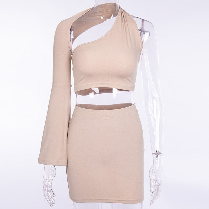 One-Shoulder Long Flare Sleeve Crop Top and Skirt