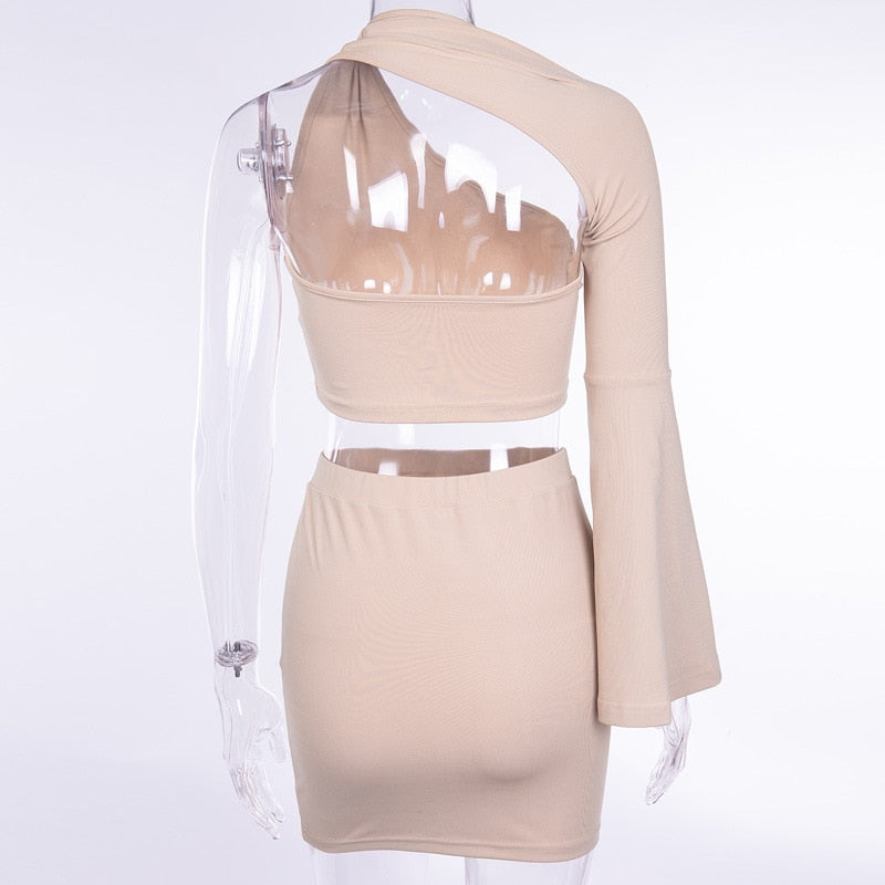 One-Shoulder Long Flare Sleeve Crop Top and Skirt