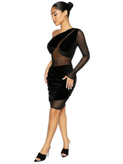 One Shoulder One Sleeve Mesh Mini Dress